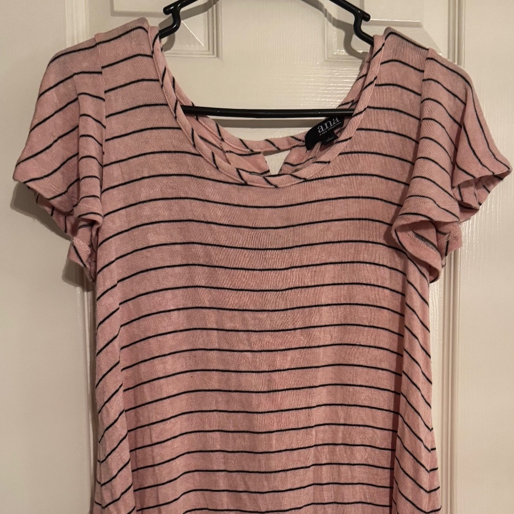 a.n.a Women’s Short Flutter Sleeve Pink Black Striped Tie Back Shirt Small S